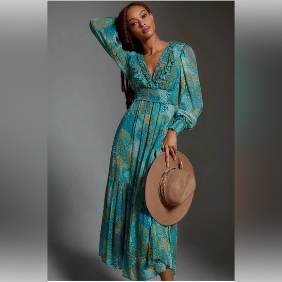 Anthropologie Odetta Ruffle V-Neck Midi Dress In Turquoise Size XL NWT - Picture 1 of 11